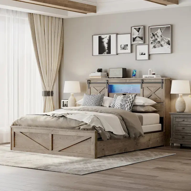 Queen Size Platform Bed with LED Headboard And Charging Station , Barn Door Design, App-Controlled RGB Lights