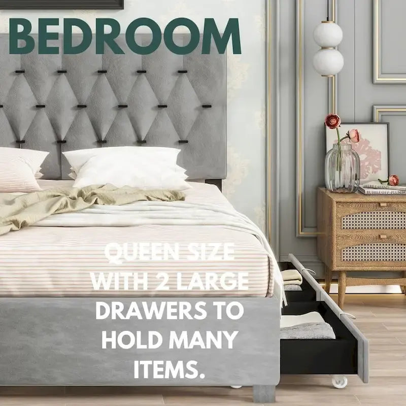 Queen Size Platform Bed with Gold Tufted Headboard with Trundle And Storage Drawers (600lb Capacity)