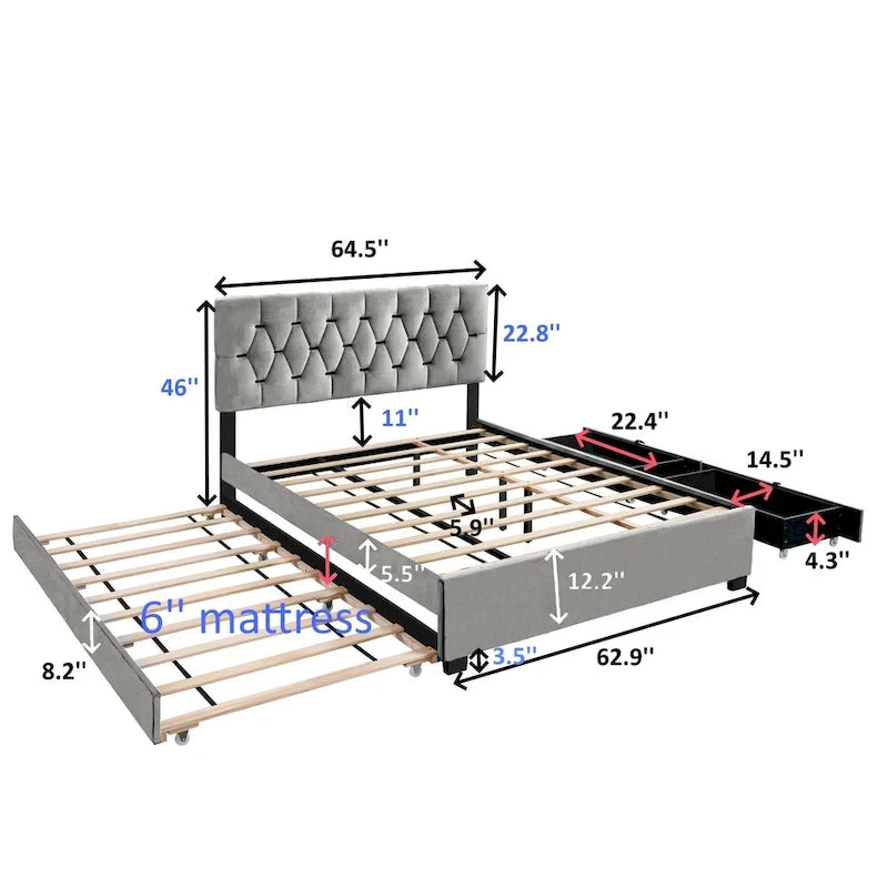 Queen Size Platform Bed with Gold Tufted Headboard with Trundle And Storage Drawers (600lb Capacity)