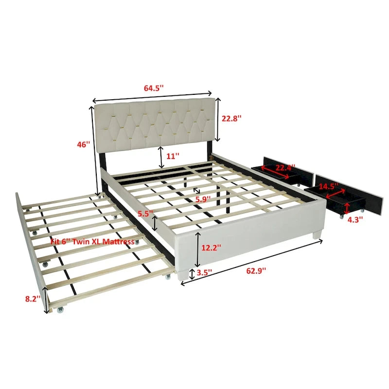 Queen Size Platform Bed with Gold Tufted Headboard with Trundle And Storage Drawers (600lb Capacity)
