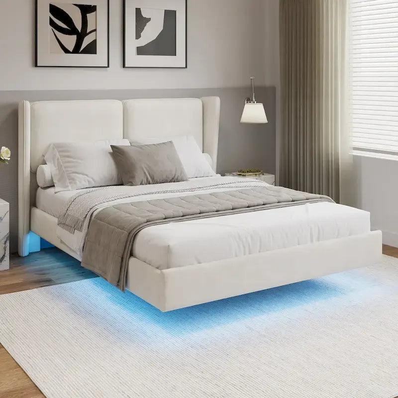 Queen Size Velvet Floating Platform Bed Frame with Under-Bed Smart LED Lights 6 Storage Space & Easy Assembly