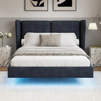 Queen Size Velvet Floating Platform Bed Frame with Under-Bed Smart LED Lights 6 Storage Space & Easy Assembly
