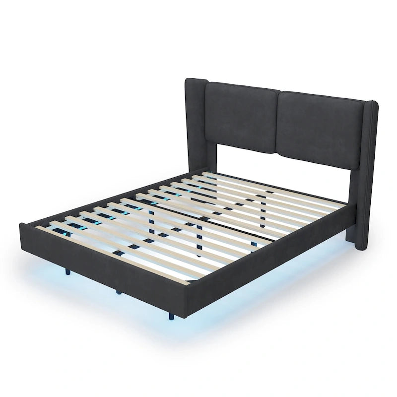 Queen Size Velvet Floating Platform Bed Frame with Under-Bed Smart LED Lights 6 Storage Space & Easy Assembly