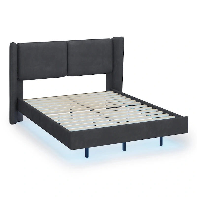 Queen Size Velvet Floating Platform Bed Frame with Under-Bed Smart LED Lights 6 Storage Space & Easy Assembly
