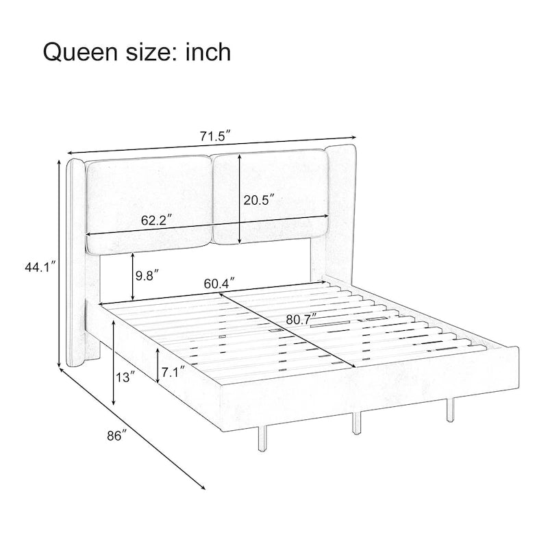 Queen Size Velvet Floating Platform Bed Frame with Under-Bed Smart LED Lights 6 Storage Space & Easy Assembly