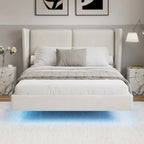 Queen Size Velvet Floating Platform Bed Frame with Under-Bed Smart LED Lights 6 Storage Space & Easy Assembly