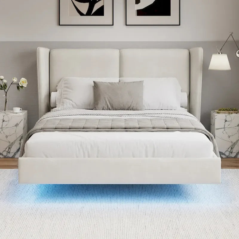 Queen Size Velvet Floating Platform Bed Frame with Under-Bed Smart LED Lights 6 Storage Space & Easy Assembly