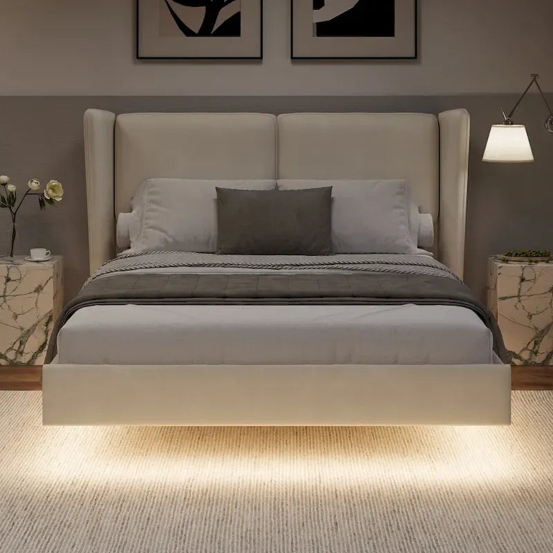 Queen Size Velvet Floating Platform Bed Frame with Under-Bed Smart LED Lights 6 Storage Space & Easy Assembly