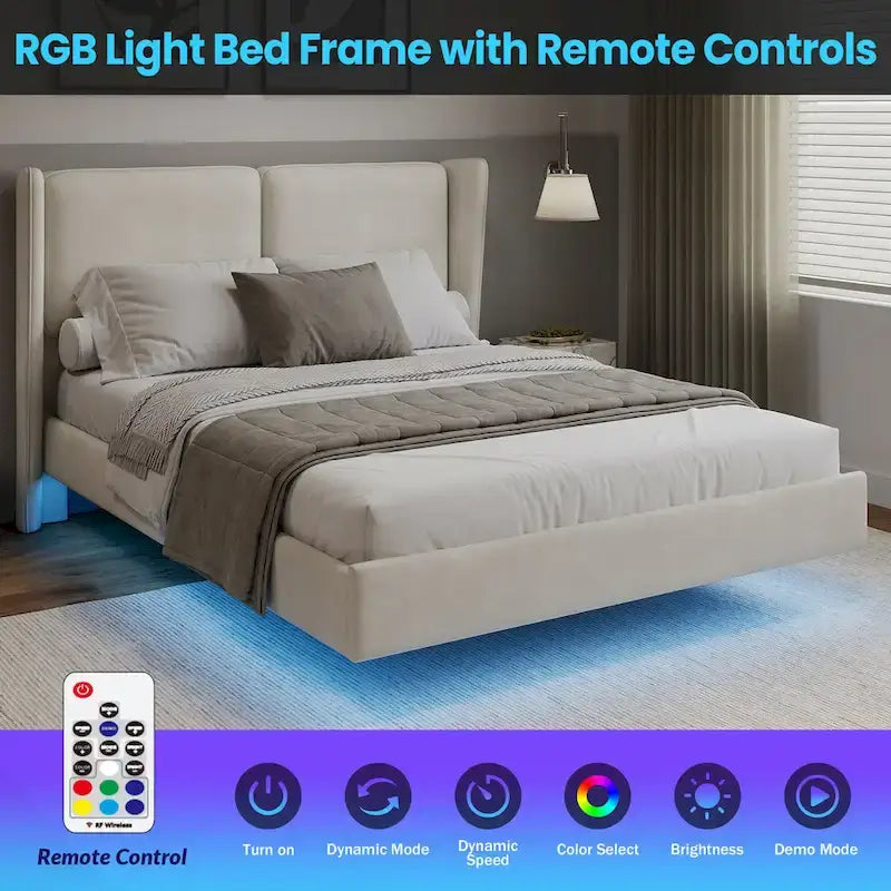 Queen Size Velvet Floating Platform Bed Frame with Under-Bed Smart LED Lights 6 Storage Space & Easy Assembly