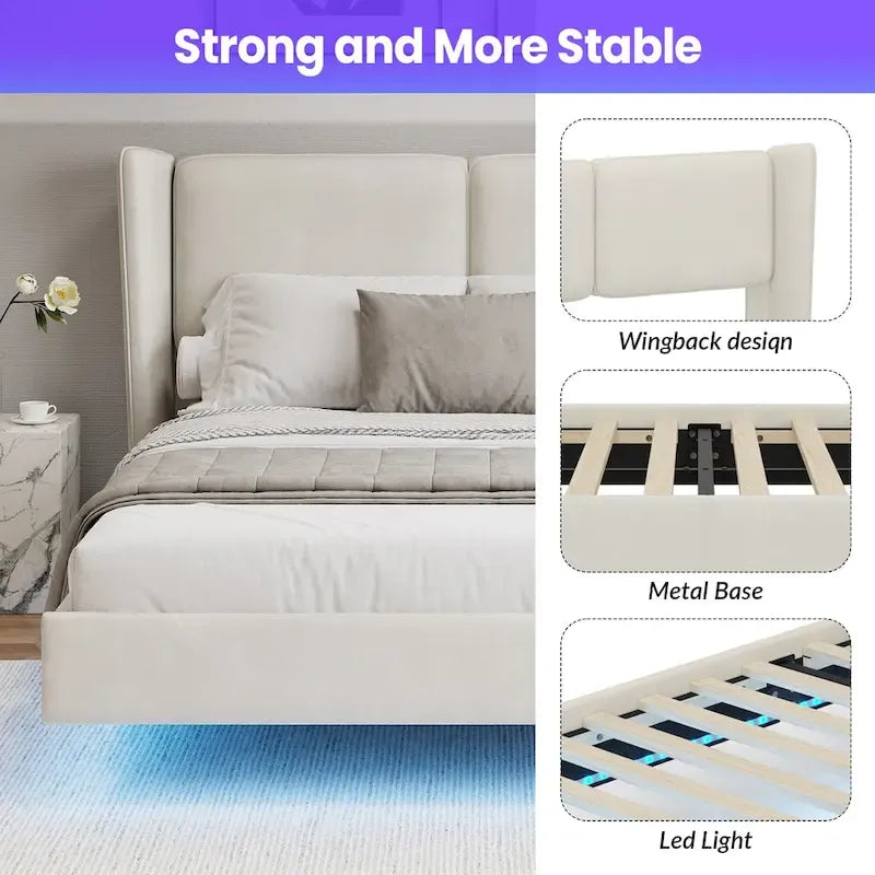 Queen Size Velvet Floating Platform Bed Frame with Under-Bed Smart LED Lights 6 Storage Space & Easy Assembly