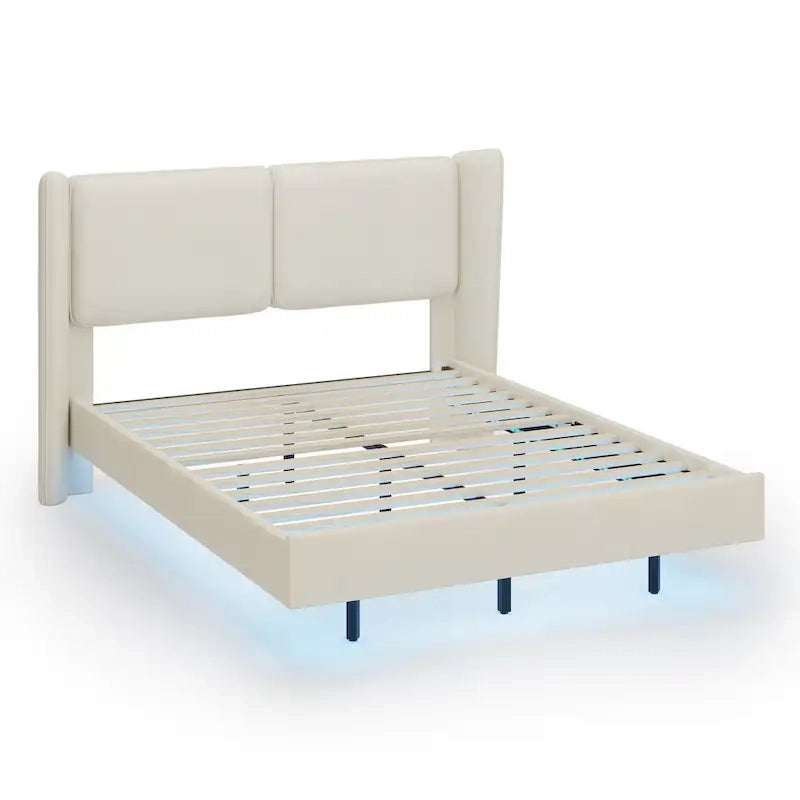 Queen Size Velvet Floating Platform Bed Frame with Under-Bed Smart LED Lights 6 Storage Space & Easy Assembly