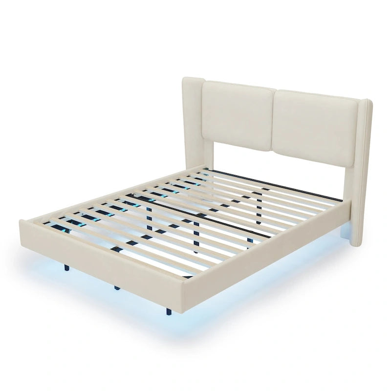 Queen Size Velvet Floating Platform Bed Frame with Under-Bed Smart LED Lights 6 Storage Space & Easy Assembly