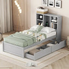 Modern Twin Size Bed with Built-in USB Port on Bookcase Headboard and 2 Drawers