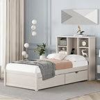 Modern Twin Size Bed with Built-in USB Port on Bookcase Headboard and 2 Drawers