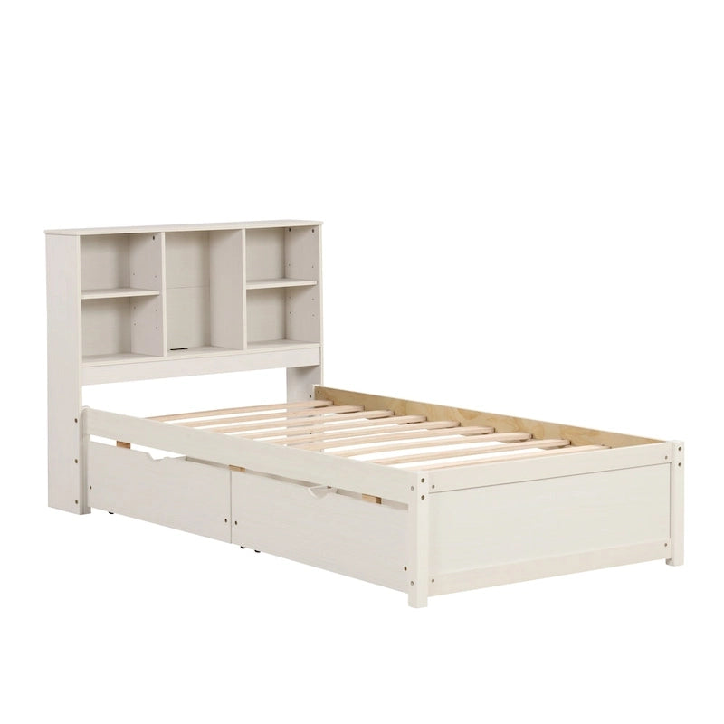 Modern Twin Size Bed with Built-in USB Port on Bookcase Headboard and 2 Drawers