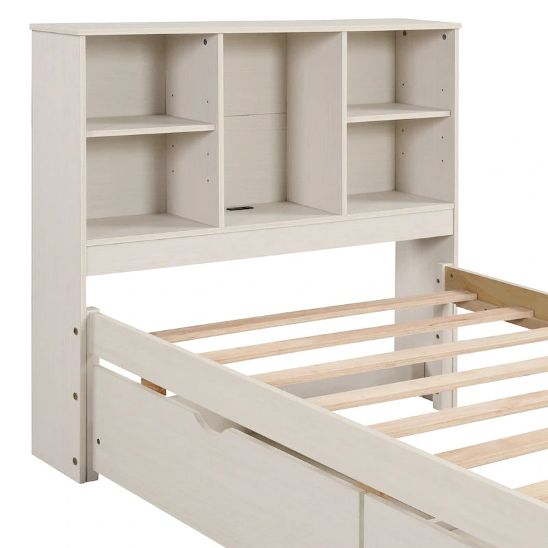 Modern Twin Size Bed with Built-in USB Port on Bookcase Headboard and 2 Drawers