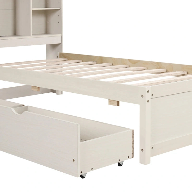 Modern Twin Size Bed with Built-in USB Port on Bookcase Headboard and 2 Drawers