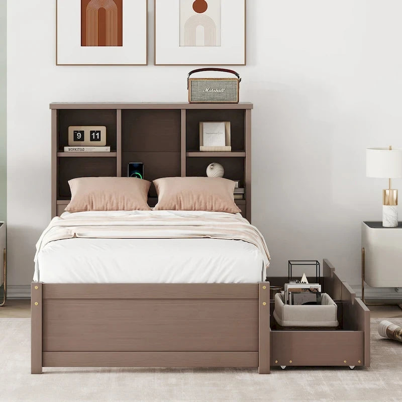Modern Twin Size Bed with Built-in USB Port on Bookcase Headboard and 2 Drawers