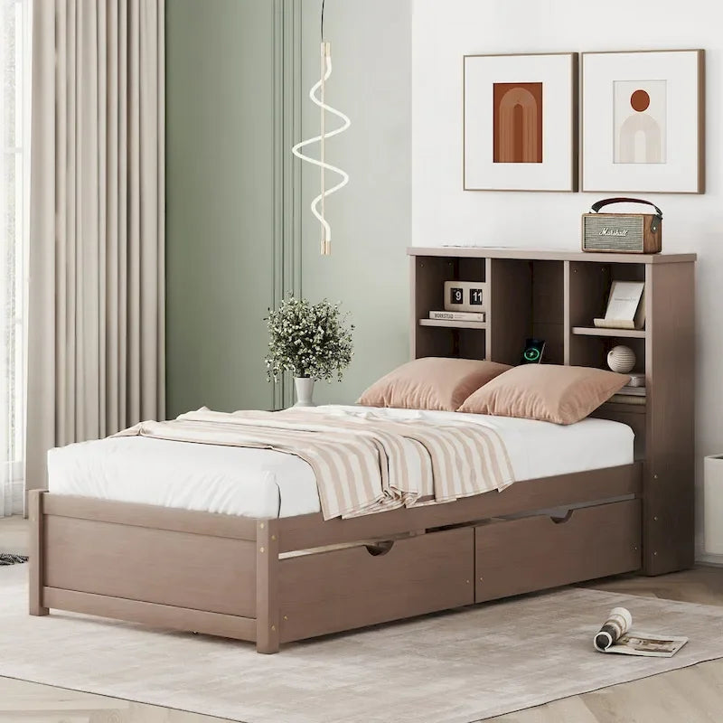 Modern Twin Size Bed with Built-in USB Port on Bookcase Headboard and 2 Drawers