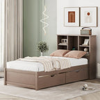 Modern Twin Size Bed with Built-in USB Port on Bookcase Headboard and 2 Drawers