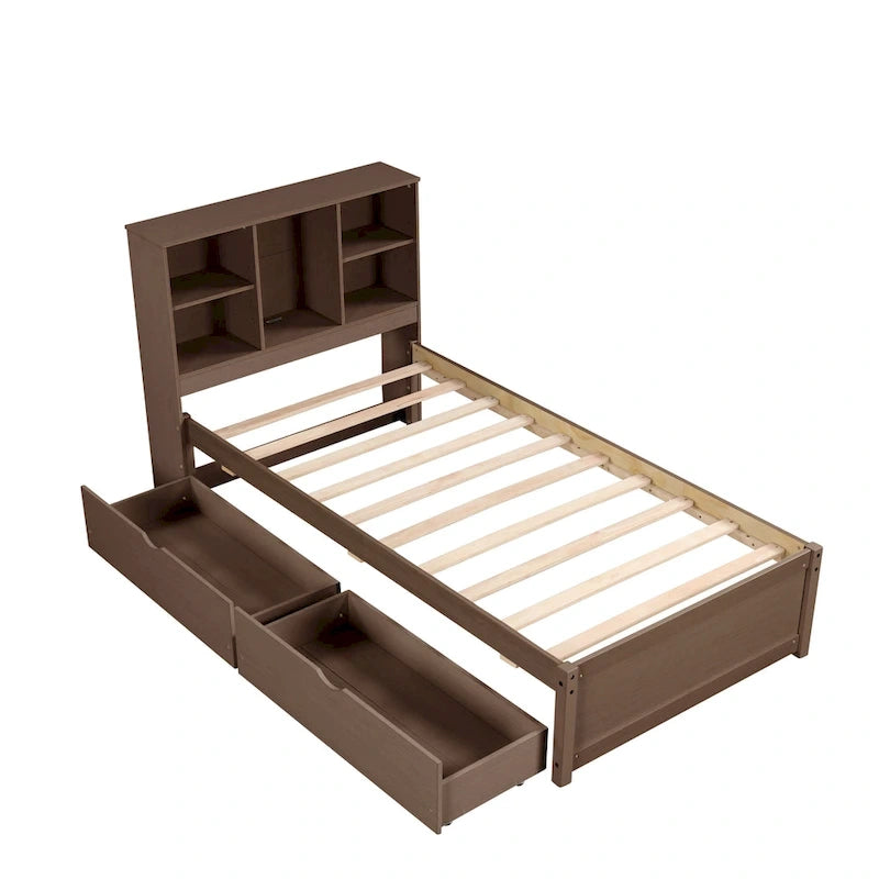 Modern Twin Size Bed with Built-in USB Port on Bookcase Headboard and 2 Drawers