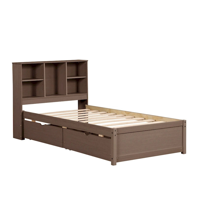 Modern Twin Size Bed with Built-in USB Port on Bookcase Headboard and 2 Drawers