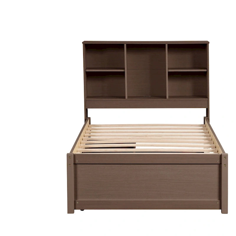 Modern Twin Size Bed with Built-in USB Port on Bookcase Headboard and 2 Drawers