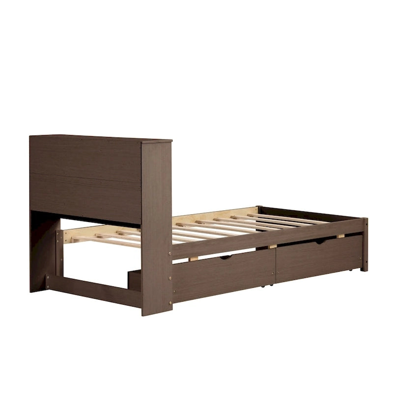 Modern Twin Size Bed with Built-in USB Port on Bookcase Headboard and 2 Drawers