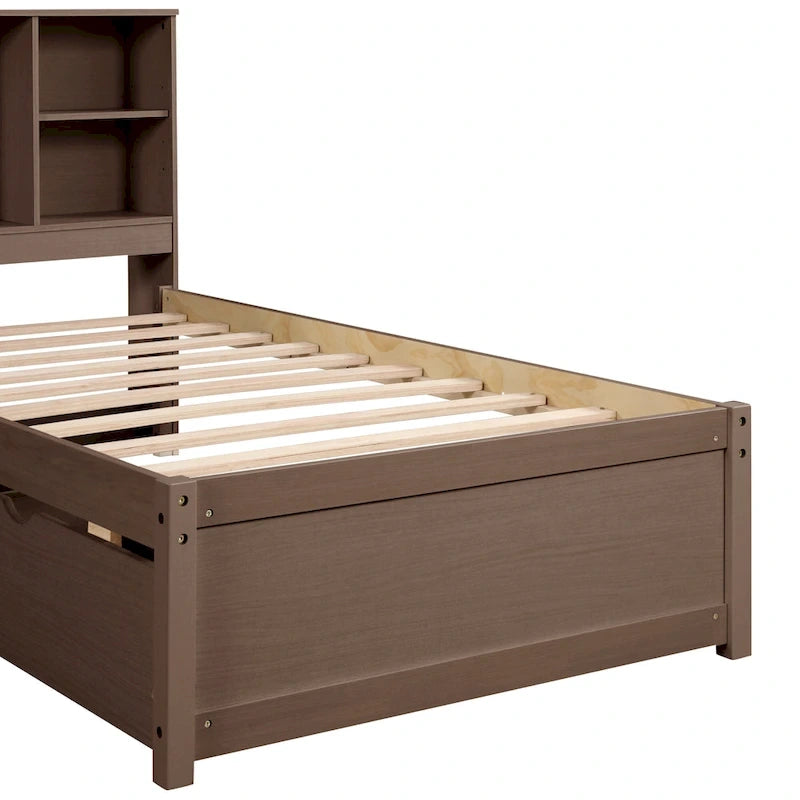 Modern Twin Size Bed with Built-in USB Port on Bookcase Headboard and 2 Drawers