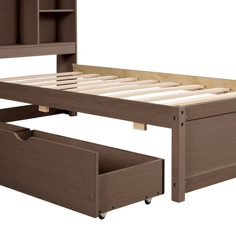Modern Twin Size Bed with Built-in USB Port on Bookcase Headboard and 2 Drawers