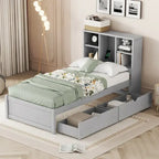 Modern Twin Size Bed with Built-in USB Port on Bookcase Headboard and 2 Drawers