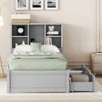 Modern Twin Size Bed with Built-in USB Port on Bookcase Headboard and 2 Drawers