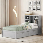 Modern Twin Size Bed with Built-in USB Port on Bookcase Headboard and 2 Drawers
