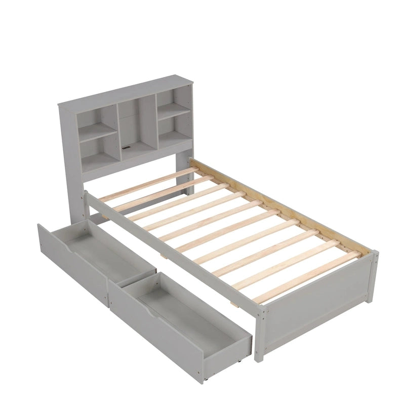 Modern Twin Size Bed with Built-in USB Port on Bookcase Headboard and 2 Drawers