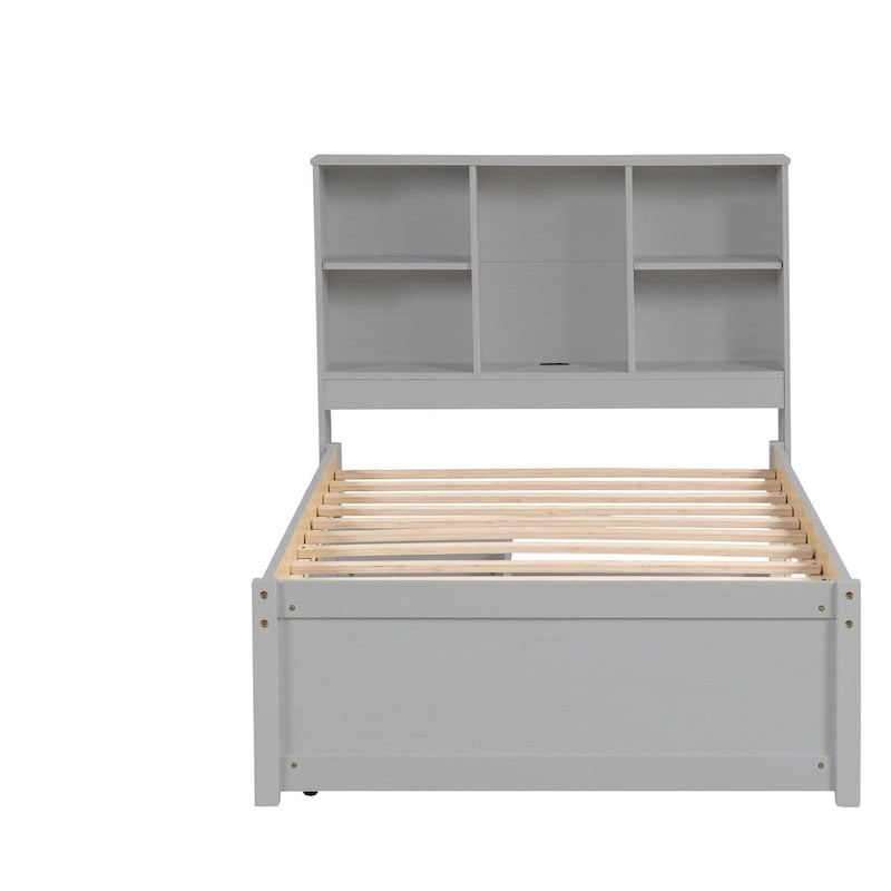 Modern Twin Size Bed with Built-in USB Port on Bookcase Headboard and 2 Drawers