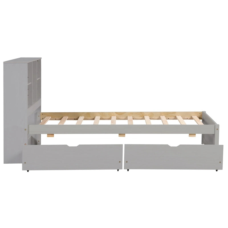Modern Twin Size Bed with Built-in USB Port on Bookcase Headboard and 2 Drawers