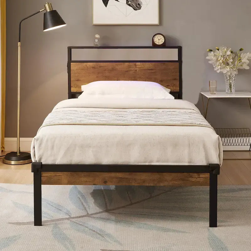 Twin Size Metal Platform Bed with Wooden Headboard and Footboard with USB Liner