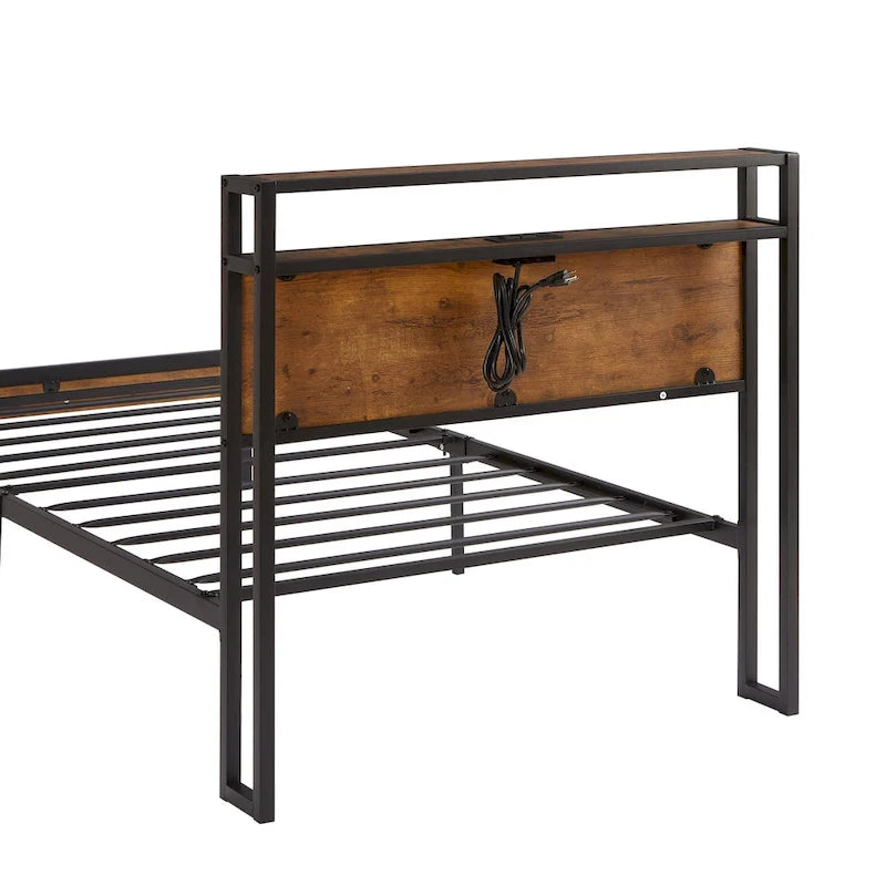 Twin Size Metal Platform Bed with Wooden Headboard and Footboard with USB Liner