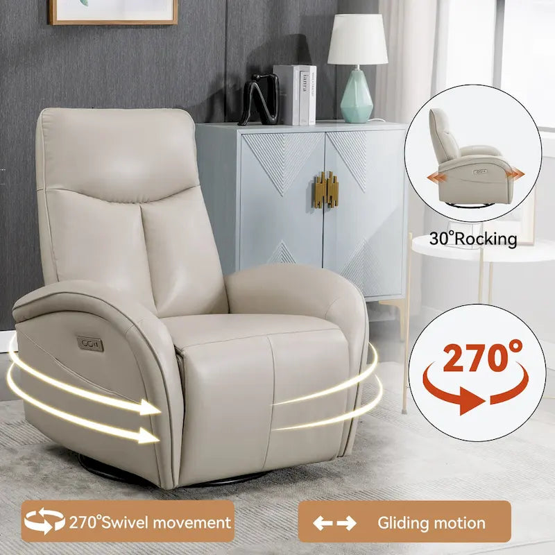 PU Leather 270 Swivel Glider Rocker Power Recliner with 2 Side Pockets, USB & Type-C Ports
