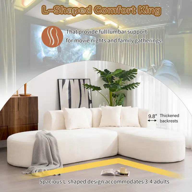 107.5 Polyester 4-Seat Corner Sofa with Curved Design & Wide Stitching