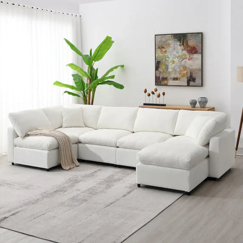 Beige 130 Chenille U-Shaped Sleeper Sectional Sofa, 6-Piece Modular Design