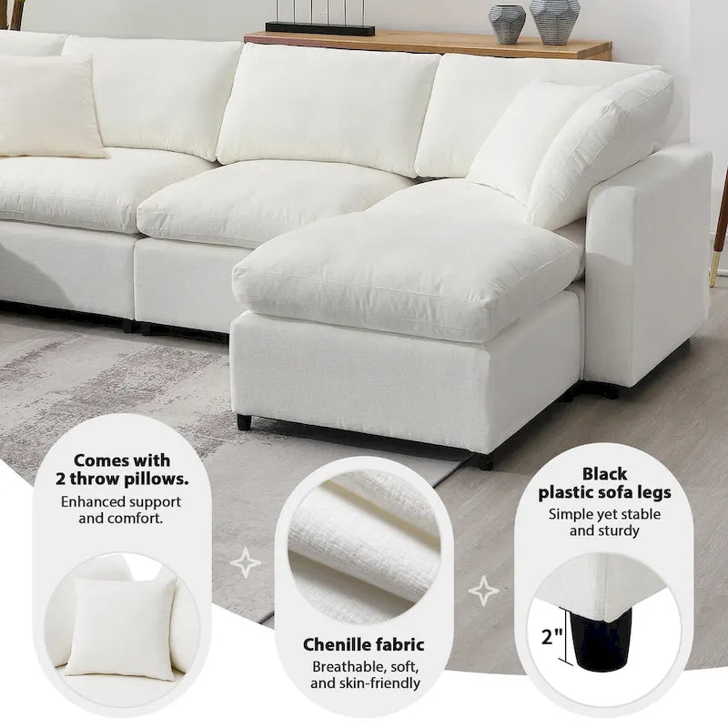 Beige 130 Chenille U-Shaped Sleeper Sectional Sofa, 6-Piece Modular Design