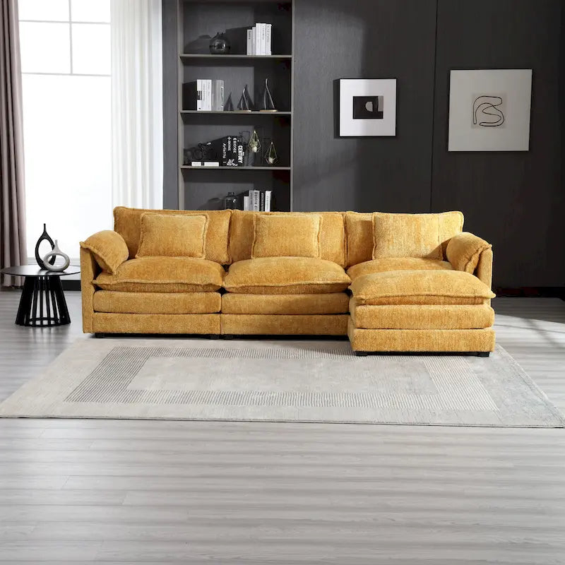 Yellow 112.2 L-Shaped 4-Seat Sectional Sofa in Modern Boucle Fabric with Removable Cushions and Detachable Armrests