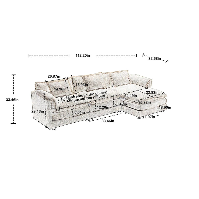 Yellow 112.2 L-Shaped 4-Seat Sectional Sofa in Modern Boucle Fabric with Removable Cushions and Detachable Armrests