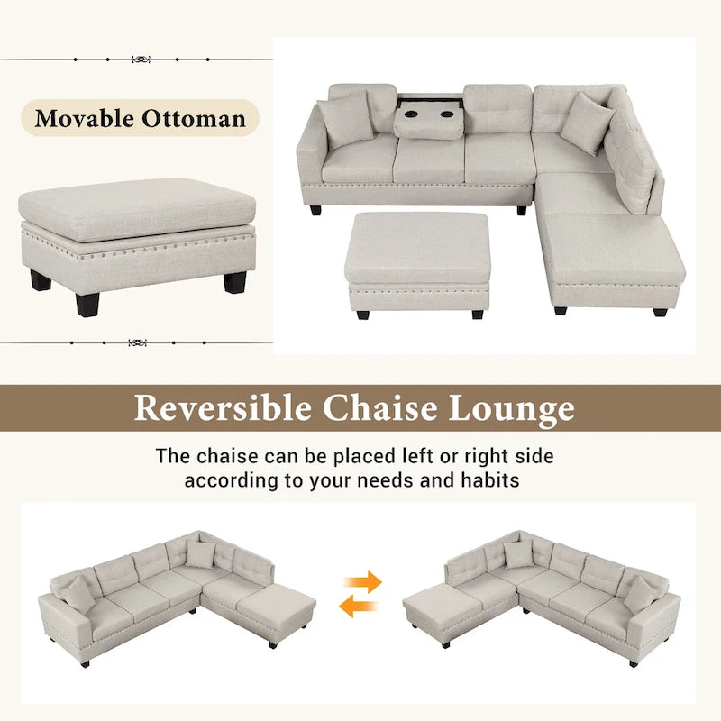 Grey 105 L-Shaped 7-Seat Modern Sectional Sofa with 2 Cushions, Reversible Chaise, Storage Ottoman, and Cup Holders