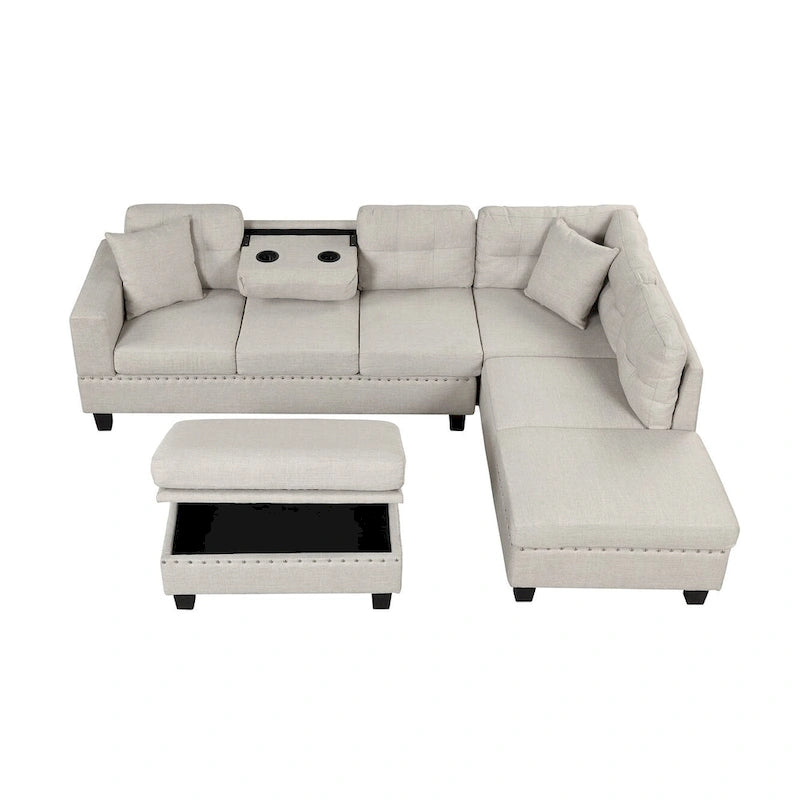 Grey 105 L-Shaped 7-Seat Modern Sectional Sofa with 2 Cushions, Reversible Chaise, Storage Ottoman, and Cup Holders