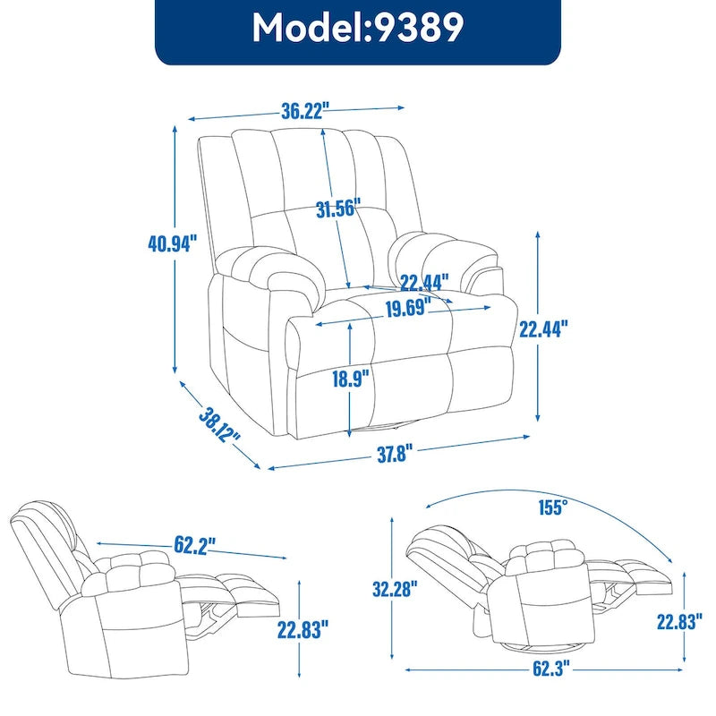 Green Oversized Manual Recliner with 360 Swivel and Rocking Feature, Fabric Upholstery for Living Room Comfort