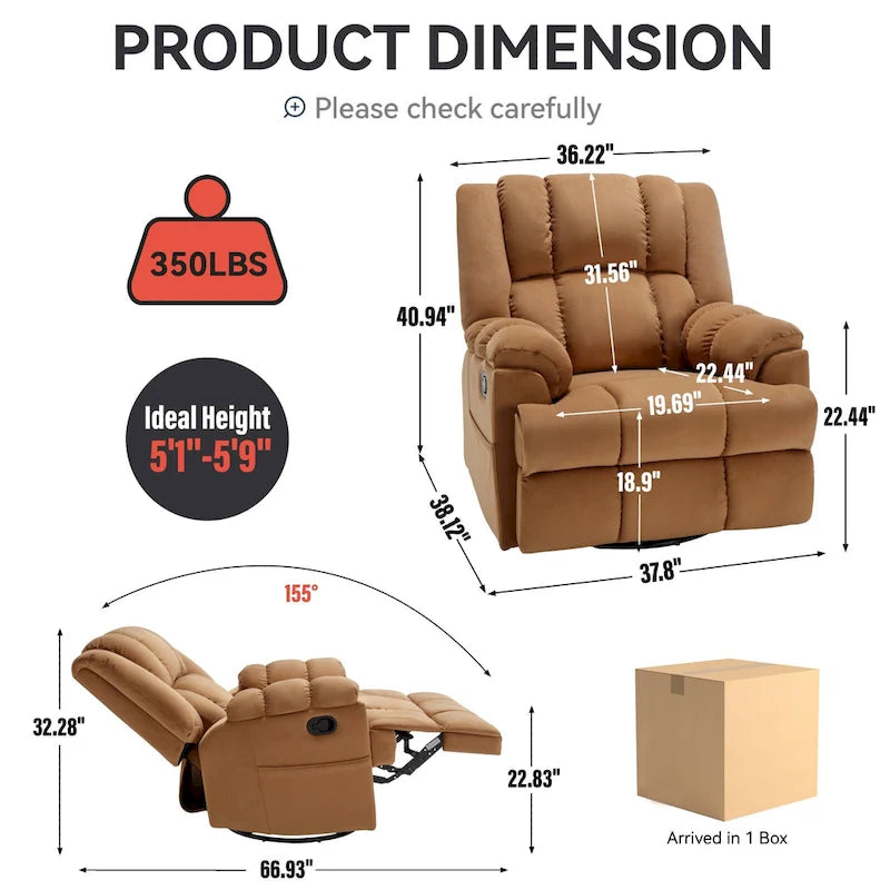 Green Oversized Manual Recliner with 360 Swivel and Rocking Feature, Fabric Upholstery for Living Room Comfort