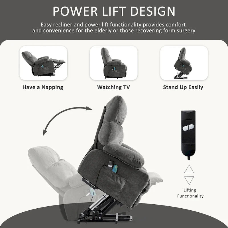 Blue Power Lift Recliner with Heat, Massage, USB Charging, Side Storage, and Remote Control