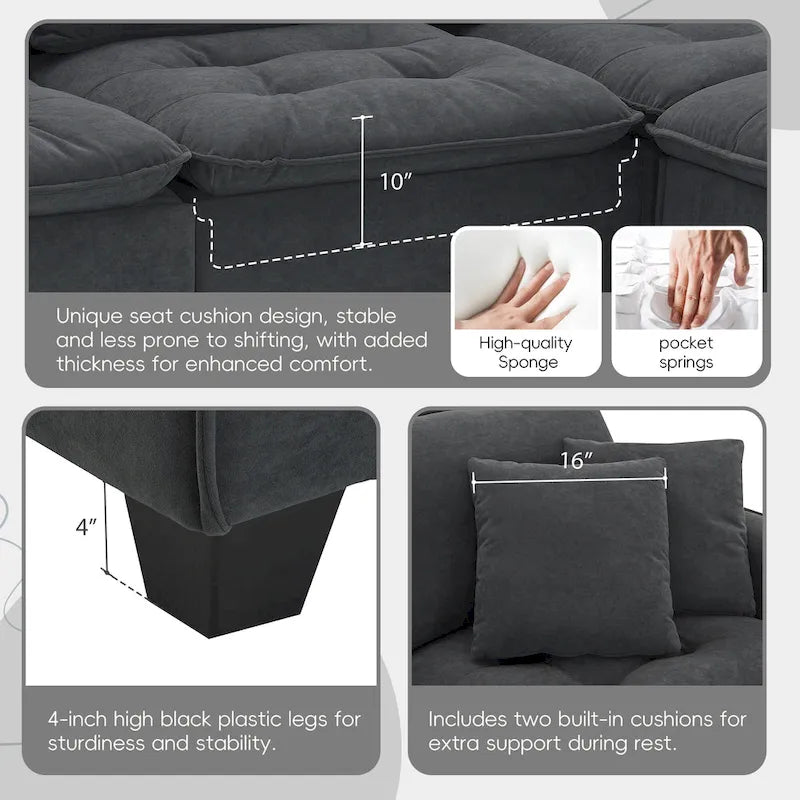 Grey 100 L-Shaped Convertible 4 Seater Sectional Sofa with Removable Ottoman and Matching Pillows, Perfect for Living Room